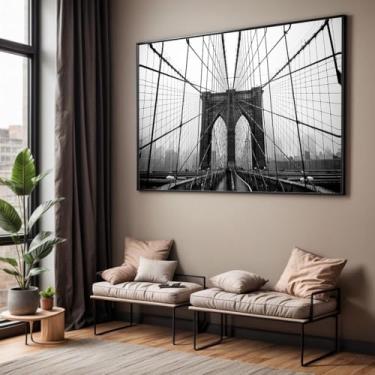 Imagem de Quadro com Moldura Sala Quarto 90x60 Ponte Brooklyn NY Preto Branco Decorativo Horizontal Grande Hall