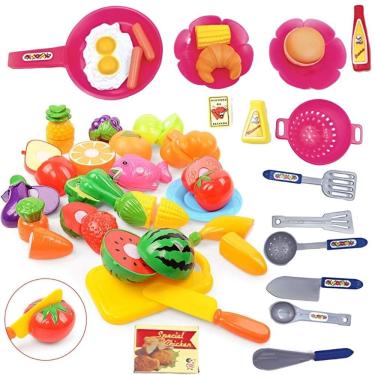 Imagem de Conjunto Brinquedos Infantis 32 Peças Mini Cozinha + Frutas e Legumes Cortáveis