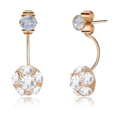 Imagem de Brincos femininos redondos 2 em 1 com cristais Swarovski na parte da frente banhados a ouro 14 K hipoalergênicos