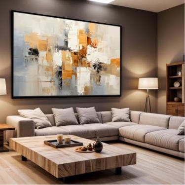 Imagem de Quadro Decorativo com Moldura Sala 90x60 Pintura Arte Abstrato Bege Branco Marrom Dourado Luxo Grande Horizontal