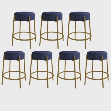 Imagem de Kit 07 Banquetas Alta Sintra 65cm Redonda Ferro Dourado Corino Azul Marinho - Ahazzo Móveis