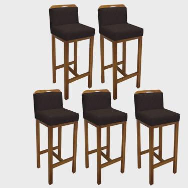 Imagem de Kit 05 Banqueta Alta Com Encosto Simon Cozinha Balcão Bistrô Base Madeira Rústico Suede Marrom - Ahz Móveis