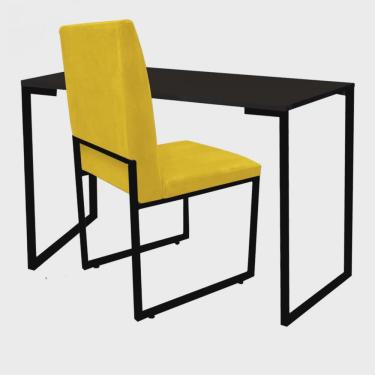 Imagem de Kit Cadeira e Mesa Escrivaninha Escritório Office Stan Industrial Ferro Preto Corino Amarelo - Ahazzo Móveis