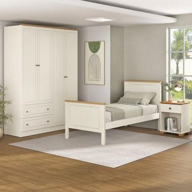 Imagem de Conjunto Cama Solteiro, Guarda-Roupa 4 Portas e 1 Mesa de Cabeceira Ananda CabeCasa MadeiraMadeira Off White/Mel