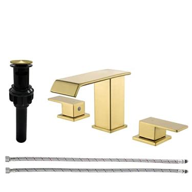 Imagem de Torneiras de pia de banheiro 3 furos torneira de bacia de cachoeira ampla torneiras de banheiro torneira de banheiro torneira de banheiro 20 centímetros torneira de banheiro ouro escovado
