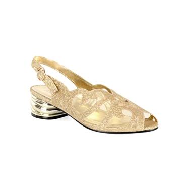 Imagem de CASALANDER Sandália feminina Peep Toe Slingback salto redondo de metal brilhante bico aberto nas costas salto alto brilhante malha salto grosso baixo salto bloco salto pequeno, Dourado, 35