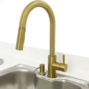 Imagem de Dona D Cor, Torneira Dourada Escovada E Dispenser Porta Detergente 500ml Kit Pia Cozinha Gold Inox 304 Dosador De Embutir Torneira