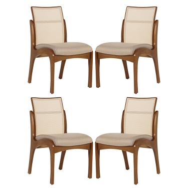 Imagem de Kit 4 Cadeiras para Mesa de Jantar Lisboa com Encosto Tela Madeira Maciça Linho Bege M58 RMI