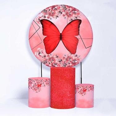 Imagem de Kit Painel de Festa Redondo de 1,30m e Trio de Cilindros Borboletas - Fera Print