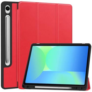 Imagem de Compatível com Samsung Galaxy Tab S10 FE/ S9 FE 10,9 polegadas, capa protetora fina para tablet, despertador automático, capa protetora de TPU macio, capa inteligente com suporte para lápis(Rojo)