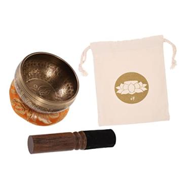 Imagem de Conjunto de meditação tibetano feito à mão - Tigela de sino de cobre com golpe de madeira para relaxamento de ioga e harmonia espiritual