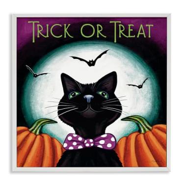 Imagem de Stupell Industries Arte giclée emoldurada branca de gato doce ou travessura, design por Elizabeth Tyndall, 61 x 61 cm