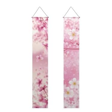 Imagem de Binienty Banner rosa Welcome Sweet Home Alpendre Sinal Porta Banner Flor de Cerejeira Pendurado Banner Decoração Nova Casa Casa Festa Presentes