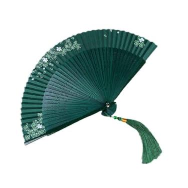 Imagem de Mini ventilador dobrável de mão, 8,2 pol (21 cm) feito à mão de seda de bambu chinês japonês vintage estilo retrô com bolsas de seda para festa de festival de música de dança (verde)