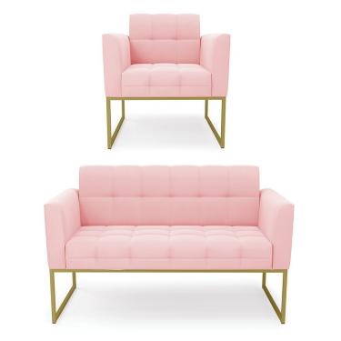 Imagem de Kit 1 Sofá Namoradeira E 1 Poltrona Elisa Suede Rosa Bebê Base Metálica Industrial Dourada - D'rossi