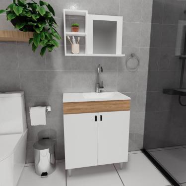 Imagem de Conjunto Gabinete para Banheiro com Cuba Espelheira Sevilha Marrom/Branco