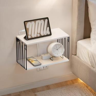 Imagem de Sivapleso Mesa De Cabeceira Flutuante Branca E Preta Com Furo Para Cabos, Pequena Parede, Moderna Minimalista Madeira Suspensa, Prateleira 2 Níveis Quarto, Sala Estar Banheiro