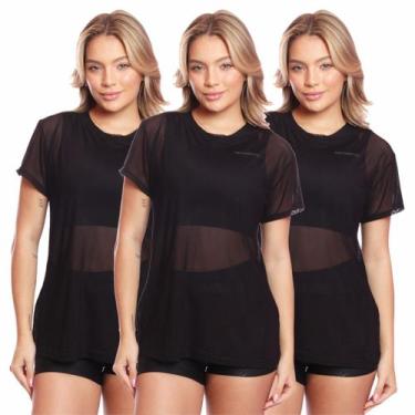 Imagem de Kit 3 Blusa Manga Curta Tule Transparente Treino Academia Fitness - Br
