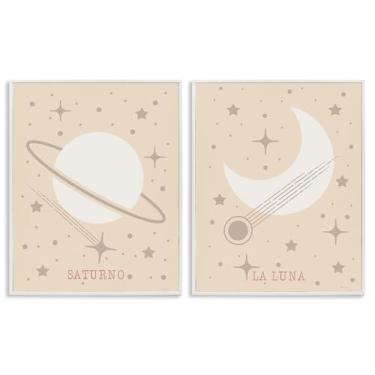 Imagem de Stupell Industries Conjunto de arte giclée emoldurado branco minimalista Saturno e Lua 2 peças por Daniela Santiago, 28 x 35 cm