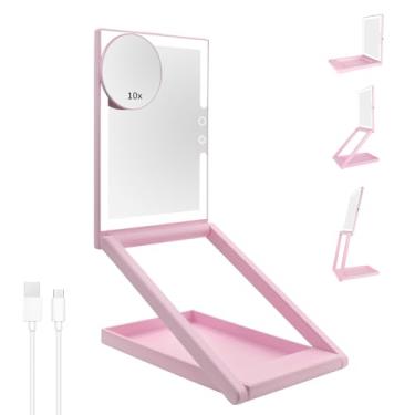 Imagem de GURUN Espelho De Viagem Com Luz, Ampliação 10X, Iluminado, Maquiagem, Altura Ajustável, Regulável, 3 Cores, Dobrável, Portátil, 2000Mah, Recarregável, Led, Pequena Penteadeira