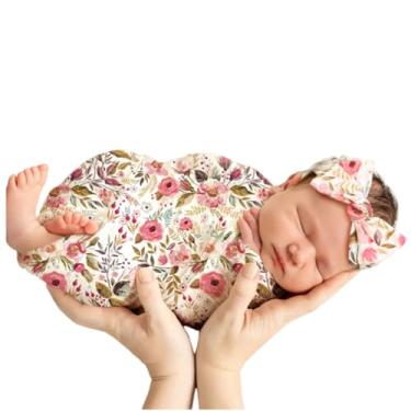 Imagem de BxuanW Conjunto De Cobertores Para Bebês Meninas, Cobertor Com Faixa Cabeça, 0 A 3 Meses, Malha Algodão, Presente Perfeito Chá Bebê (Flor Rosa)