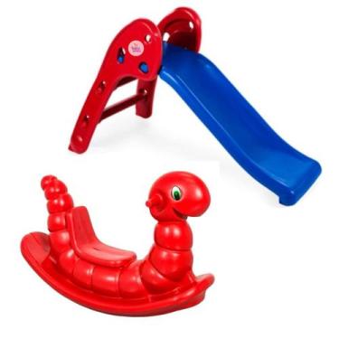 Imagem de EScorregador Infantil 2 degraus dobravel Azul e Gangorra Minhoca Verme