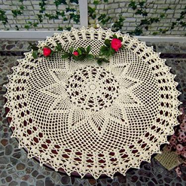 Imagem de Lelefly Toalha De Mesa Redonda Crochê Feita À Mão Em Algodão, Redonda, Guardanapo, Cômoda, Cachecol, Decoração, 23", Bege