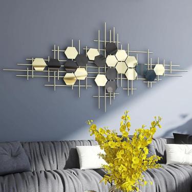 Imagem de Decoração de arte de parede, escultura de penduramento em 3D preto dourado - ornamento de metal feito à mão para sala de estar, quarto, jardim - presente de inauguração de casa