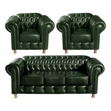 Imagem de Conjunto Sofá 3 Lugares E 2 Poltrona Chesterfield Luís Xv Vintage Retrô Capitonê Couro Verde