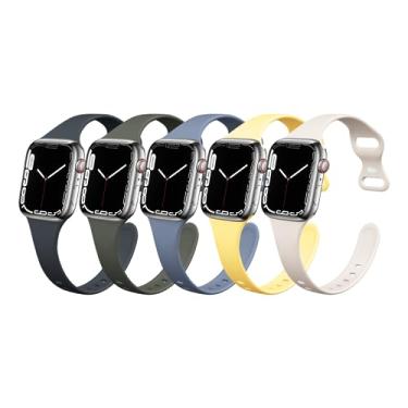 Imagem de Tighesen Pacote com 5 pulseiras esportivas compatíveis com Apple Watch de 38 mm, 40 mm, 42 mm, 44 mm, fina, fina, fina, fina, de silicone macio, pulseira de substituição para iWatch SE Series 6/5/4/3/2/1 para mulheres e homens (38/40 mm, pacote com 5)