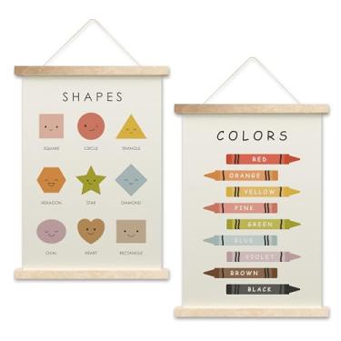 Imagem de HEZNZXQ Bandeira pendurada em pôster de formas, arte de parede em tela colorida para sala de jogos pré-escola em casa, cabide de pôster de aprendizado de berçário, conjunto de 2 pôsteres educativos
