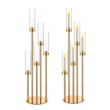 Imagem de Conjunto de 2 velas de candelabro dourado de 89 cm para mesas, suporte de castiçal, centro de mesa, decorações de mesa, abajur de acrílico, adequado para vela de LED de 2,3 cm