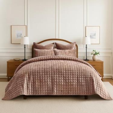 Imagem de Conjunto de cama de veludo luxuoso RECYCO King Size, edredom de veludo ultramacio, colcha grande acolchoada leve com ponto caixa para todas as estações, com 2 fronhas, argila terracota