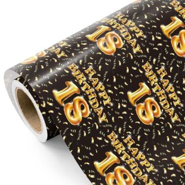 Imagem de WRAPAHOLIC Rolo de papel de embrulho de aniversário de 18 anos - Mini rolo - 43 cm x 40 cm - Balões pretos e dourados papel de embrulho de feliz aniversário, perfeito para meninos, festas, férias