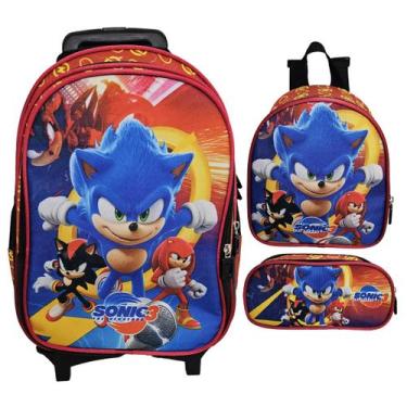 Imagem de Kit Mochila Escolar Sonic 3 Com Rodinhas, Lancheira e Estojo - Genéric