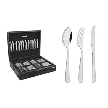 Imagem de Faqueiro Tramontina Pacific em Aço Inox com Facas de Mesa Forjadas Acabamento Alto Brilho com Det. no Cabo e Estojo de Madeira 101 Peças