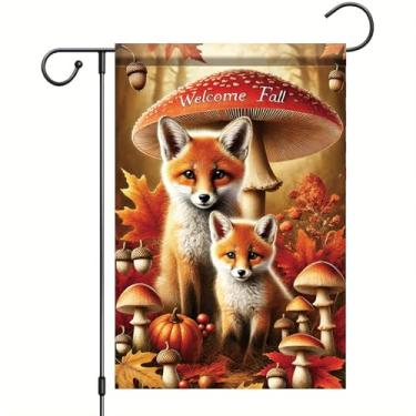 Imagem de Starlit Patio Bandeira de jardim de outono de ação de graças família raposa com bandeira de abóbora de cogumelo 30 x 45 cm bandeira dupla face outono floresta animal quintal decoração ao ar livre para