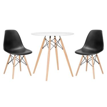 Imagem de Mesa Redonda Eames 70 Cm + 2 Cadeiras Eiffel Dsw Mesa Branca Com Cadeiras Pretas