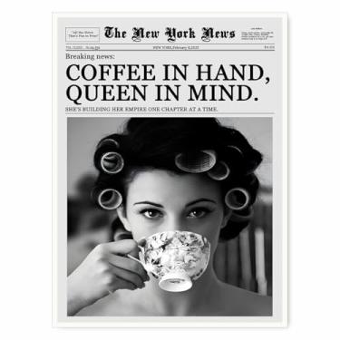 Imagem de Pôster em tela de jornal preppy – Arte de parede de carrinho de bar vintage para dormitórios modernos ou galeria de apartamentos em preto e branco - 28 x 35 cm pronto para pendurar (sem moldura)