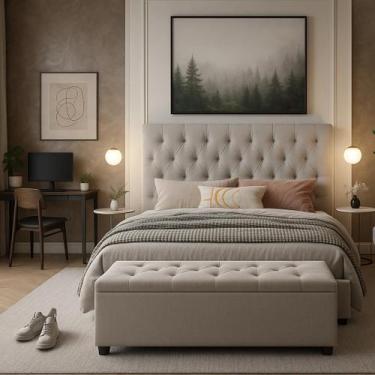 Imagem de Cabeceira Cama Queen Italia Estofado com Pés e Recamier com Baú - Case