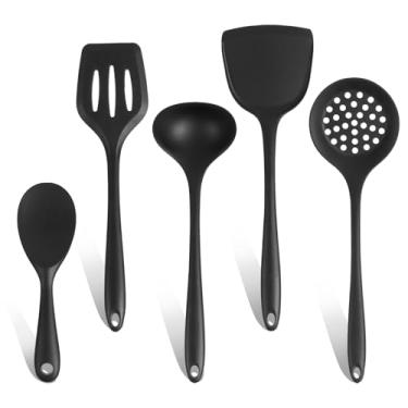 Imagem de Pacote com 5 espátulas de silicone, conjunto de colheres de cozinha, resistente ao calor, livre de BPA, frigideira antiaderente de turbina sólida e ranhurada, fritar, flip (preto)