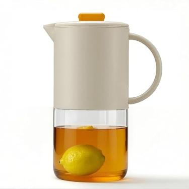 Imagem de Delove Jarra de vidro borossilicato com tampa e bico automático – capa de plástico inquebrável, design de boca larga – Jarro de 1,9 l para água fria/fervente, chá gelado, suco (1, bege)