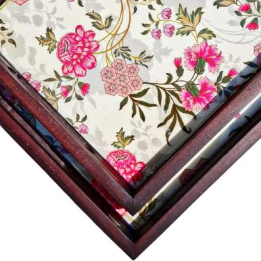 Imagem de Vetali Export Bandejas decorativas de madeira com alças, conjunto de 2 travessas retangulares de madeira de teca para café da manhã, mesa de centro, otomana, festa, jantar, decoração de casa - durável