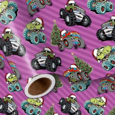 Imagem de LeZakaa Rolo de papel de embrulho de Natal de carro monstro de dinossauro, dinossauro roxo, carro, árvore de Natal, design divertido, para crianças, meninos, meninas, Natal, festas de aniversário