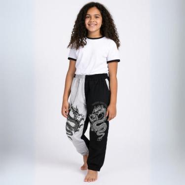 Imagem de Calça Cargo Juvenil Infantil Dragão Preta e Branca com Correntinha e B