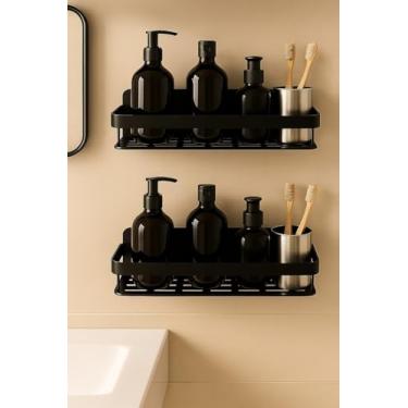 Imagem de Kit 2 Prateleiras de Canto Banheiro Sem Furo – Nicho Porta Shampoo e Sabonete Preto Fosco para Box Organizador Adesivo Alumínio