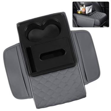 Imagem de Caixa de armazenamento de apoio de braço de carro 5 em 1 para console central, capa de almofada de apoio de braço para carro com 2 porta-copos, caixa de tecido, compartimento para telefone, espuma