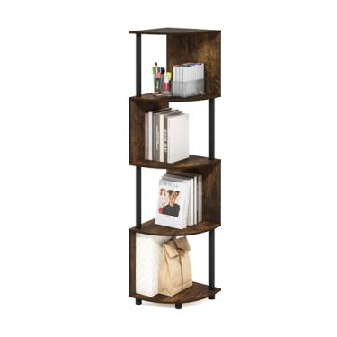 Imagem de Furinno Estante de canto em ziguezague Econ de 4 camadas, estante de livros, pinheiro âmbar/preto