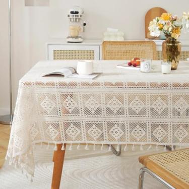 Imagem de KAIJIE Toalha de mesa americana retrô de crochê, capa oca, sem rugas, antidesbotamento, rústica, decoração para cozinha, jantar, Natal, 140 x 140 cm, cor de arroz