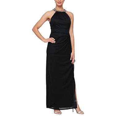Imagem de Alex Evenings Vestido feminino longo formal de malha elástica com contas frente única, Preto, 40